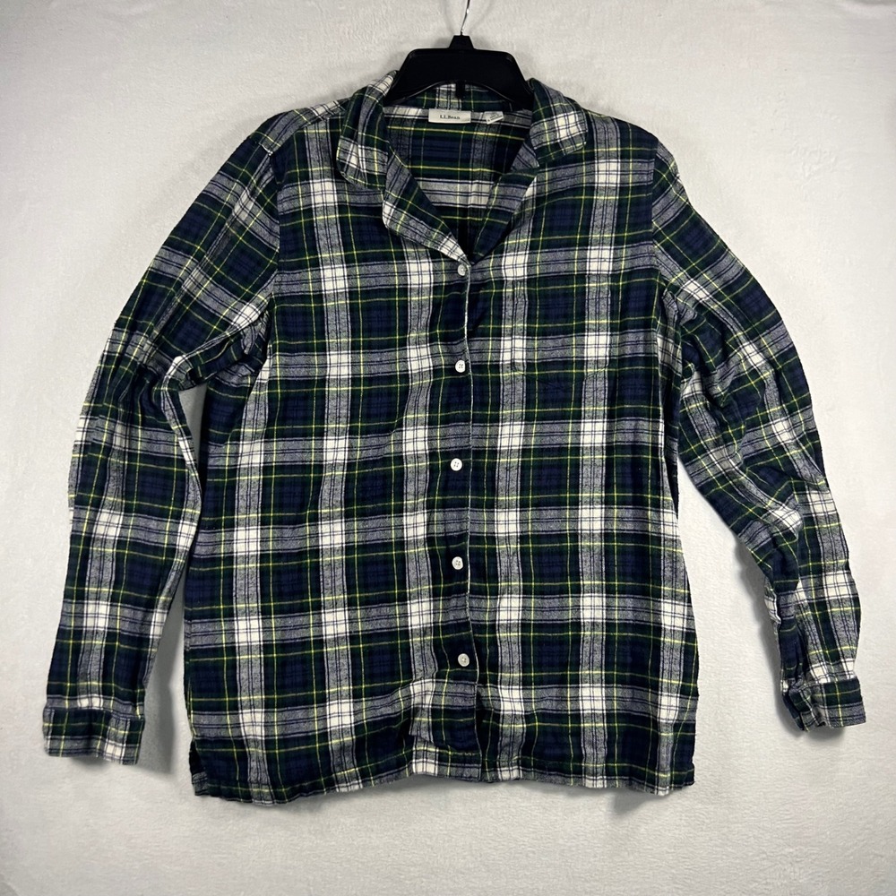 LLBean Womens M Tall Flannel Pajama Top Shirt Blue‎ Green Plaid Button Up